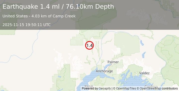 Earthquake 32 km SW of Petersville, Alaska (1.4 ml) (2025-11-15 19:50:11 UTC)