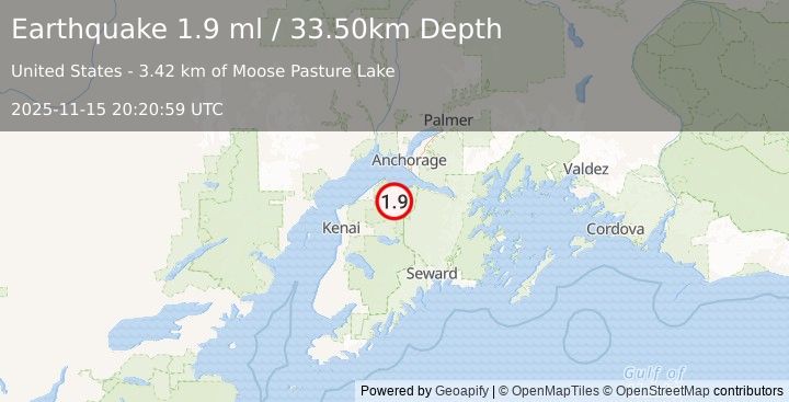Earthquake 29 km ESE of Point Possession, Alaska (1.9 ml) (2025-11-15 20:20:59 UTC)