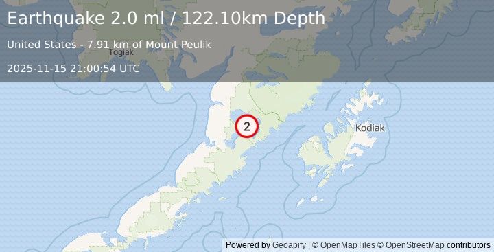 Earthquake 71 km ENE of Ugashik, Alaska (2.0 ml) (2025-11-15 21:00:54 UTC)