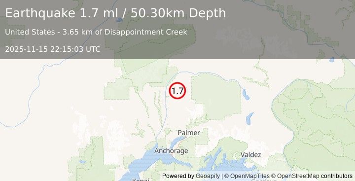 Earthquake 23 km E of Chase, Alaska (1.8 ml) (2025-11-15 22:15:02 UTC)