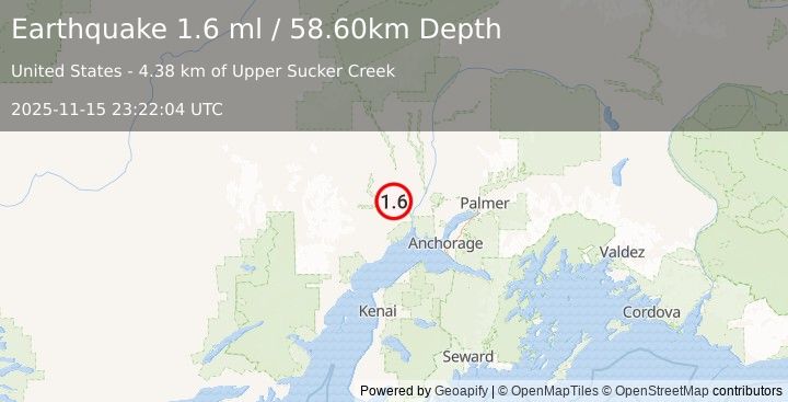 Earthquake 23 km WNW of Susitna, Alaska (1.6 ml) (2025-11-15 23:22:04 UTC)