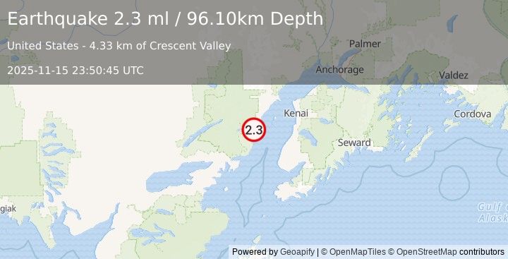 Earthquake 57 km WNW of Ninilchik, Alaska (2.3 ml) (2025-11-15 23:50:45 UTC)
