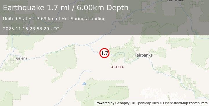 Earthquake 11 km S of Manley Hot Springs, Alaska (1.7 ml) (2025-11-15 23:58:29 UTC)
