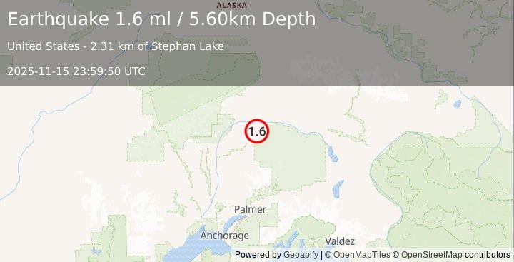 Earthquake 68 km ENE of Chase, Alaska (1.6 ml) (2025-11-15 23:59:50 UTC)