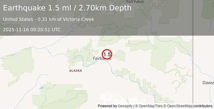 Earthquake 12 km E of Fox, Alaska (1.5 ml) (2025-11-16 00:20:51 UTC)