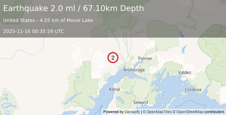 Earthquake 40 km S of Skwentna, Alaska (2.0 ml) (2025-11-16 00:35:59 UTC)