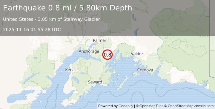 Earthquake 36 km NNE of Whittier, Alaska (0.8 ml) (2025-11-16 01:55:28 UTC)