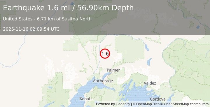Earthquake 6 km ENE of Susitna North, Alaska (1.6 ml) (2025-11-16 02:09:54 UTC)