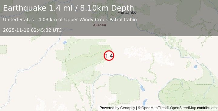 Earthquake 9 km NNW of Cantwell, Alaska (1.4 ml) (2025-11-16 02:45:32 UTC)