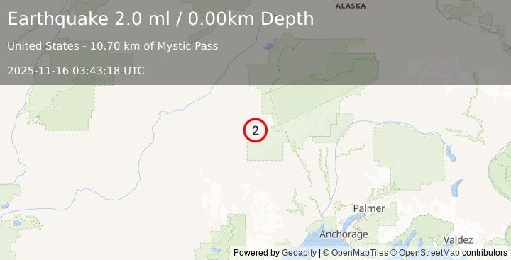 Earthquake 94 km ESE of Nikolai, Alaska (2.0 ml) (2025-11-16 03:43:18 UTC)