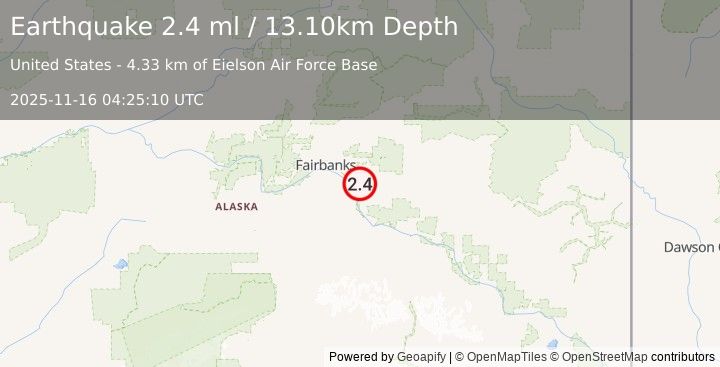 Earthquake 4 km E of Eielson Air Force Base, Alaska (2.4 ml) (2025-11-16 04:25:10 UTC)