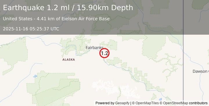 Earthquake 4 km E of Eielson Air Force Base, Alaska (1.2 ml) (2025-11-16 05:25:37 UTC)