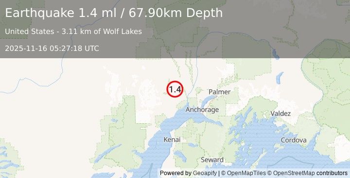 Earthquake 34 km WNW of Susitna, Alaska (1.4 ml) (2025-11-16 05:27:18 UTC)