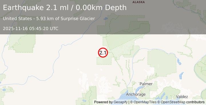 Earthquake 88 km WNW of Petersville, Alaska (2.1 ml) (2025-11-16 05:45:20 UTC)