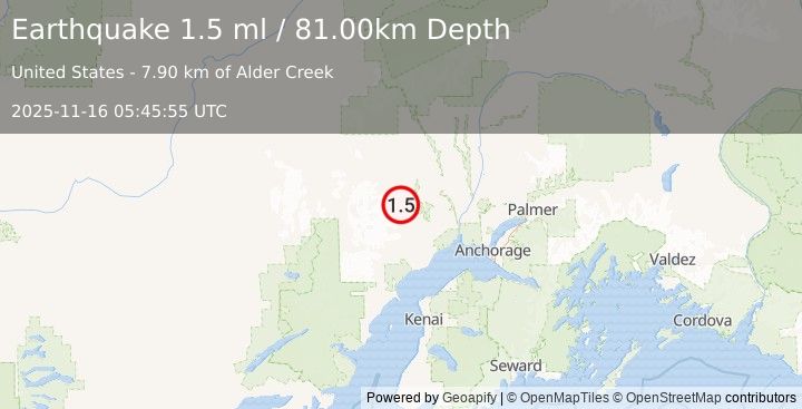 Earthquake 41 km SSW of Skwentna, Alaska (1.5 ml) (2025-11-16 05:45:55 UTC)