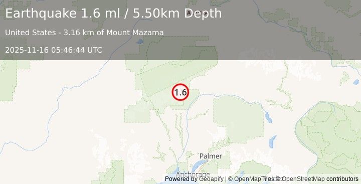 Earthquake 48 km NNE of Petersville, Alaska (1.6 ml) (2025-11-16 05:46:44 UTC)