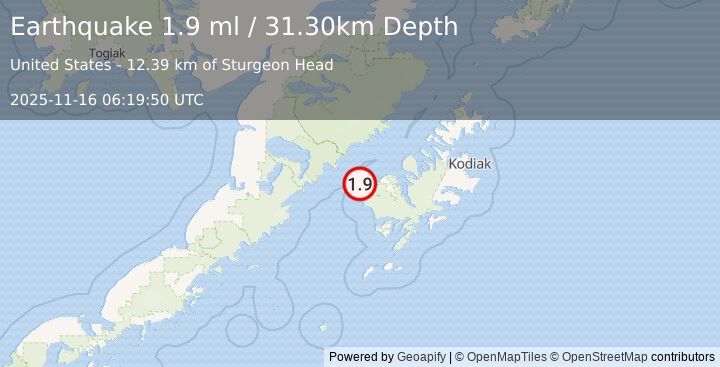Earthquake 21 km W of Karluk, Alaska (1.9 ml) (2025-11-16 06:19:50 UTC)