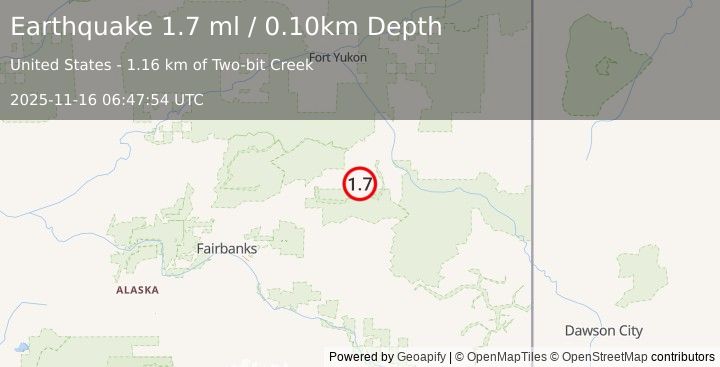 Earthquake 18 km SSW of Central, Alaska (1.7 ml) (2025-11-16 06:47:55 UTC)