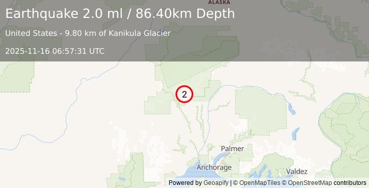 Earthquake 30 km NW of Petersville, Alaska (1.9 ml) (2025-11-16 06:57:30 UTC)