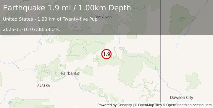 Earthquake 17 km SSW of Central, Alaska (1.9 ml) (2025-11-16 07:08:58 UTC)