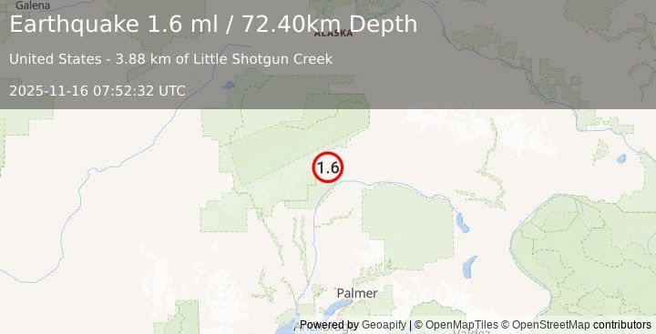 Earthquake 60 km SW of Cantwell, Alaska (1.6 ml) (2025-11-16 07:52:32 UTC)