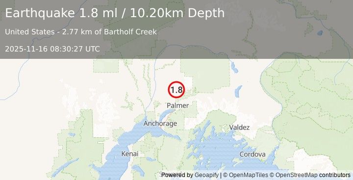 Earthquake 20 km N of Fishhook, Alaska (1.8 ml) (2025-11-16 08:30:27 UTC)
