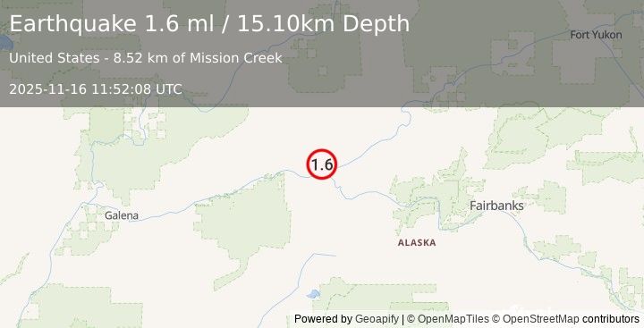 Earthquake 10 km NNE of Tanana, Alaska (1.6 ml) (2025-11-16 11:52:08 UTC)