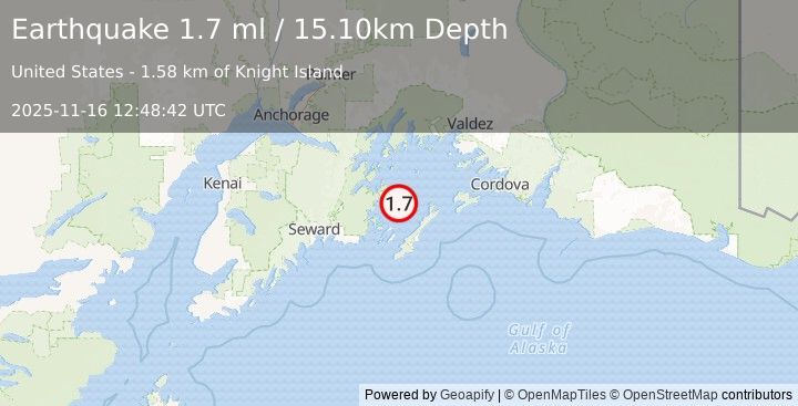 Earthquake 35 km NNE of Chenega, Alaska (1.7 ml) (2025-11-16 12:48:42 UTC)