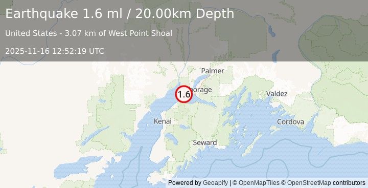 Earthquake 26 km WSW of Anchorage, Alaska (1.6 ml) (2025-11-16 12:52:19 UTC)
