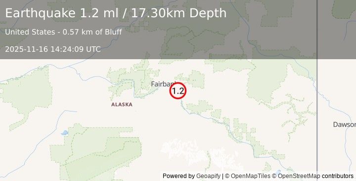 Earthquake 1 km W of Moose Creek, Alaska (1.2 ml) (2025-11-16 14:24:09 UTC)