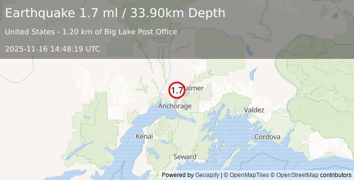 Earthquake 8 km S of Houston, Alaska (1.7 ml) (2025-11-16 14:48:19 UTC)