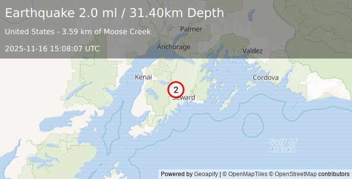 Earthquake 24 km S of Cooper Landing, Alaska (2.0 ml) (2025-11-16 15:08:07 UTC)