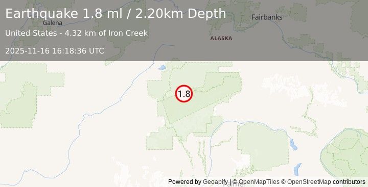 Earthquake 27 km SE of Denali National Park, Alaska (1.8 ml) (2025-11-16 16:18:36 UTC)