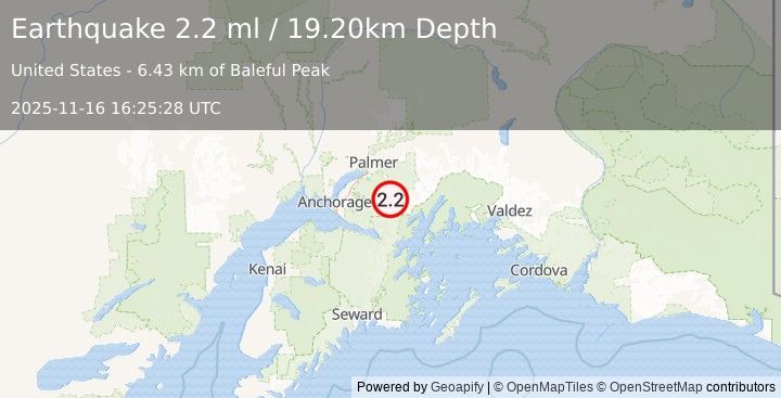 Earthquake 25 km SSE of Knik River, Alaska (2.2 ml) (2025-11-16 16:25:28 UTC)