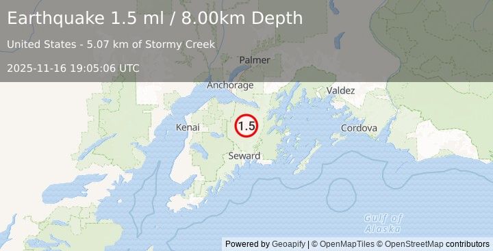 Earthquake 10 km N of Moose Pass, Alaska (1.5 ml) (2025-11-16 19:05:06 UTC)