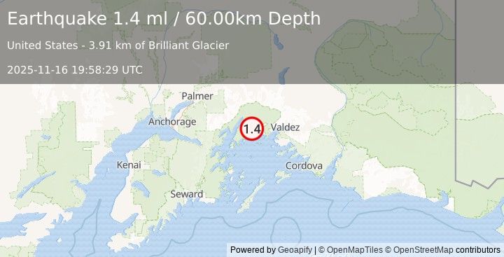 Earthquake 47 km NW of Tatitlek, Alaska (1.4 ml) (2025-11-16 19:58:29 UTC)