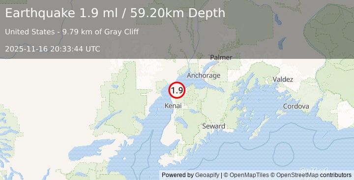 Earthquake 19 km S of Tyonek, Alaska (1.9 ml) (2025-11-16 20:33:44 UTC)