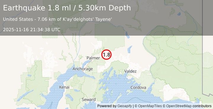 Earthquake 20 km ESE of Chickaloon, Alaska (1.8 ml) (2025-11-16 21:34:38 UTC)