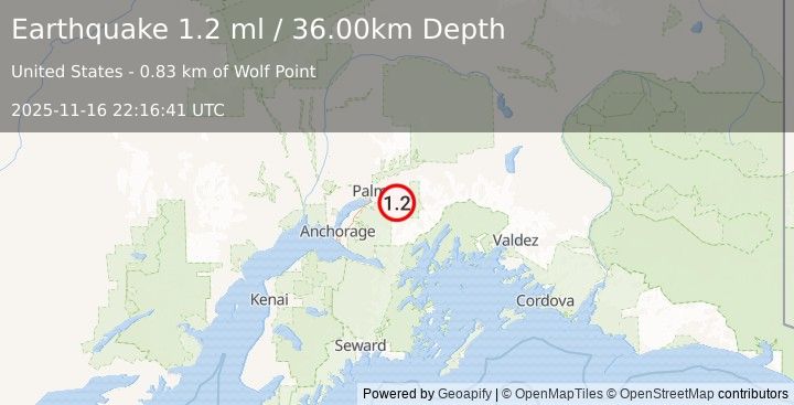 Earthquake 11 km ENE of Knik River, Alaska (1.2 ml) (2025-11-16 22:16:41 UTC)