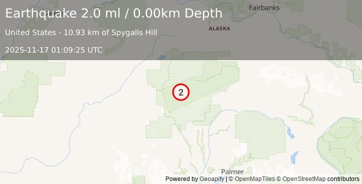 Earthquake 40 km SSE of Denali National Park, Alaska (2.0 ml) (2025-11-17 01:09:25 UTC)