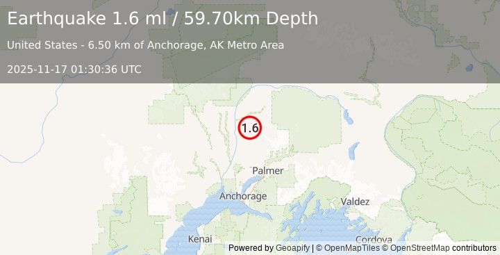 Earthquake 12 km NE of Susitna North, Alaska (1.6 ml) (2025-11-17 01:30:36 UTC)