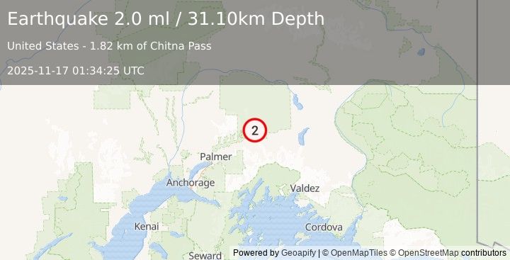 Earthquake 23 km NNW of Glacier View, Alaska (2.0 ml) (2025-11-17 01:34:25 UTC)
