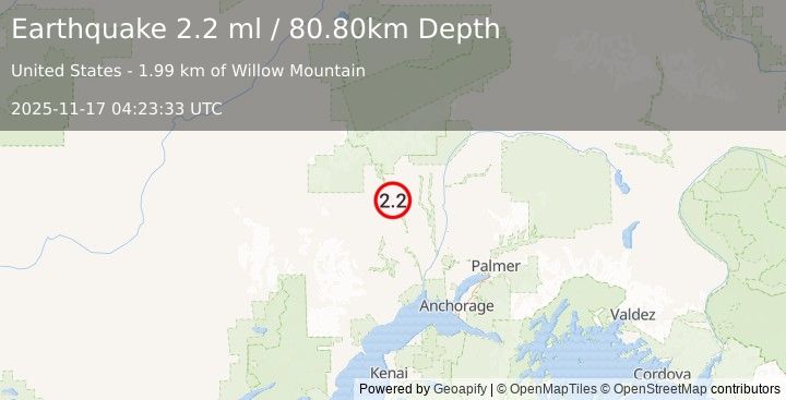 Earthquake 28 km NNE of Skwentna, Alaska (2.2 ml) (2025-11-17 04:23:34 UTC)