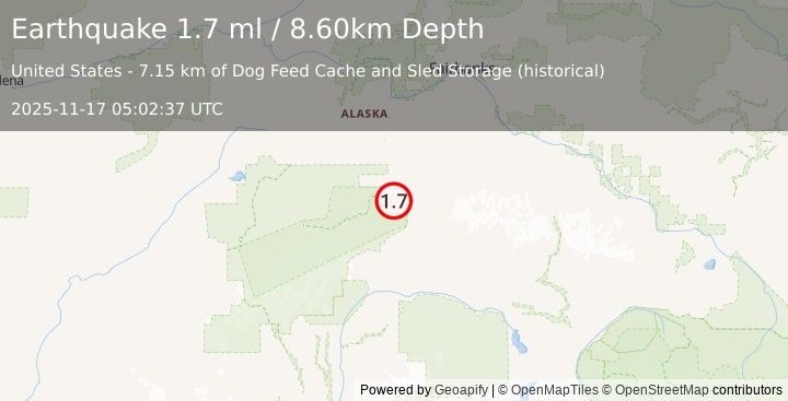 Earthquake 10 km SW of Denali Park, Alaska (1.7 ml) (2025-11-17 05:02:37 UTC)
