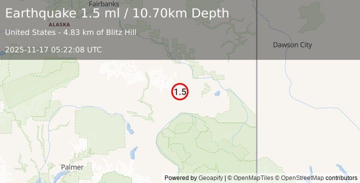 Earthquake 39 km NW of Mentasta Lake, Alaska (1.5 ml) (2025-11-17 05:22:08 UTC)