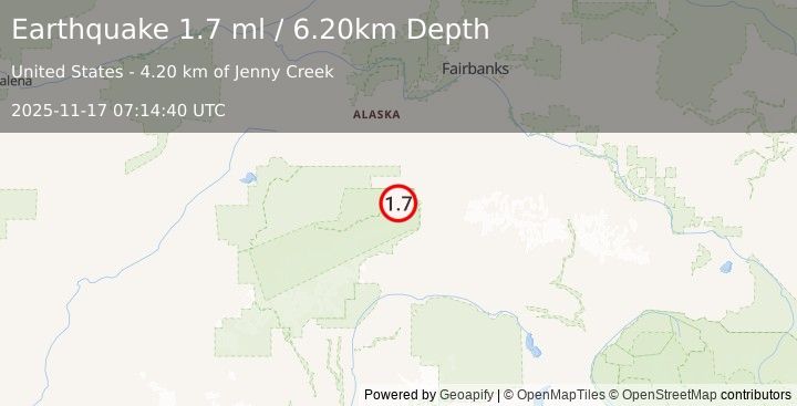 Earthquake 17 km WSW of Denali Park, Alaska (1.7 ml) (2025-11-17 07:14:40 UTC)