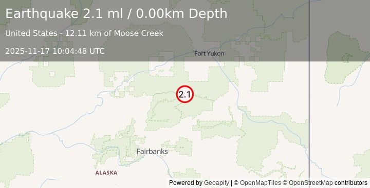 Earthquake 49 km SSW of Birch Creek, Alaska (2.1 ml) (2025-11-17 10:04:48 UTC)