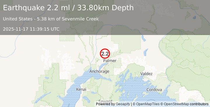Earthquake 17 km NW of Fishhook, Alaska (2.2 ml) (2025-11-17 11:39:15 UTC)