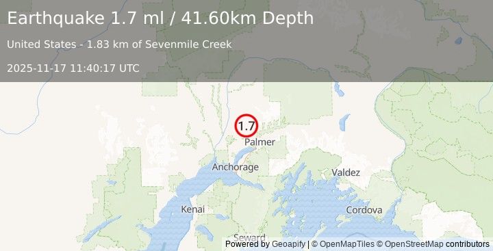 Earthquake 19 km NW of Fishhook, Alaska (1.7 ml) (2025-11-17 11:40:17 UTC)