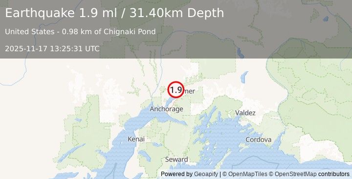 Earthquake 2 km W of Tanaina, Alaska (1.9 ml) (2025-11-17 13:25:31 UTC)